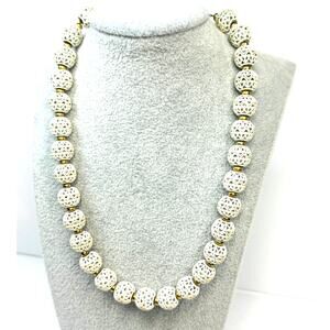 Vintage Monet White Enamel Painted Filigree Ball Bead Necklace Adjustable